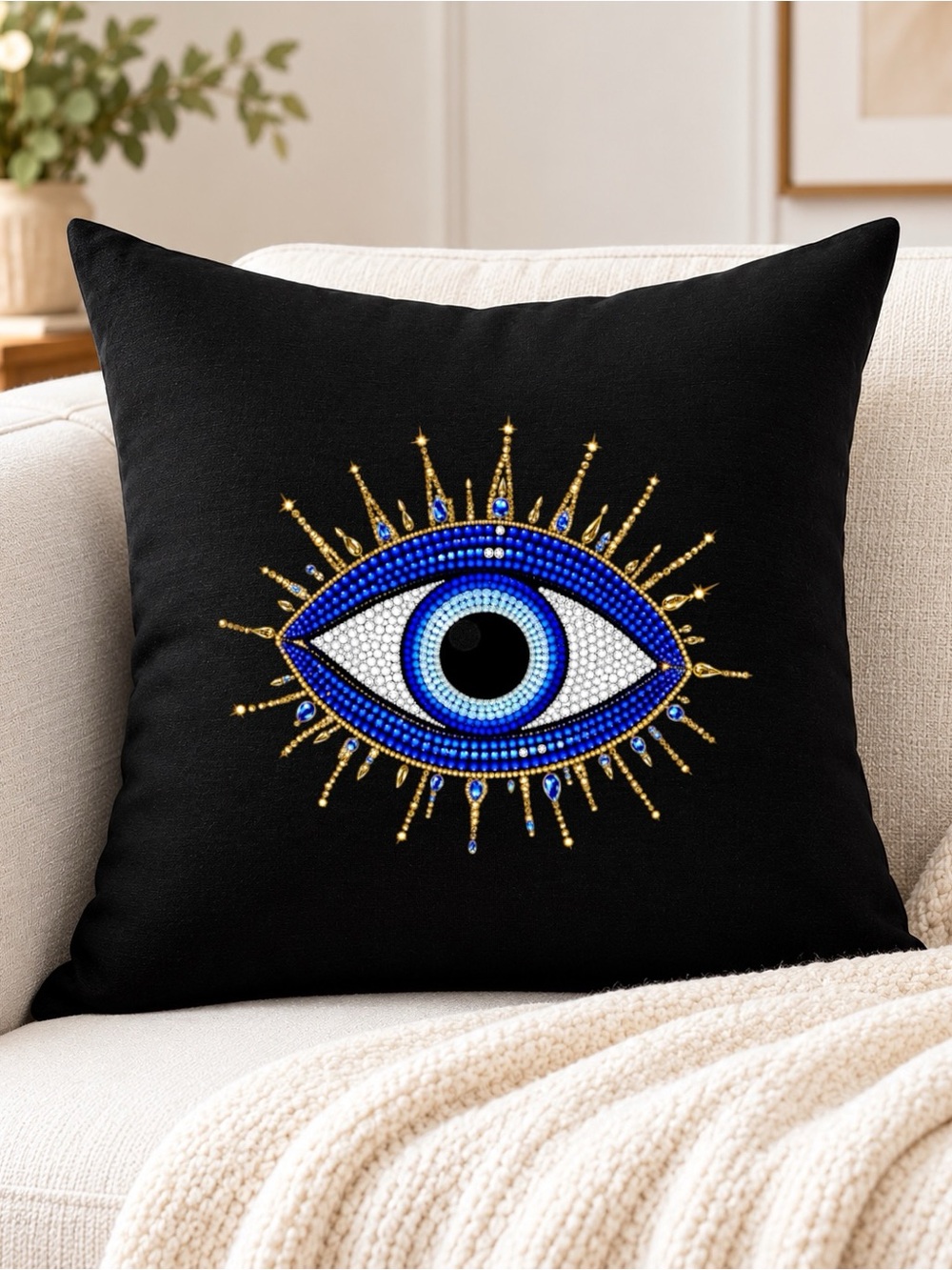 Evil Eye Rhinestone Style Black Pillow Cover 16x16 Cotton Canvas Home Decor NEW
